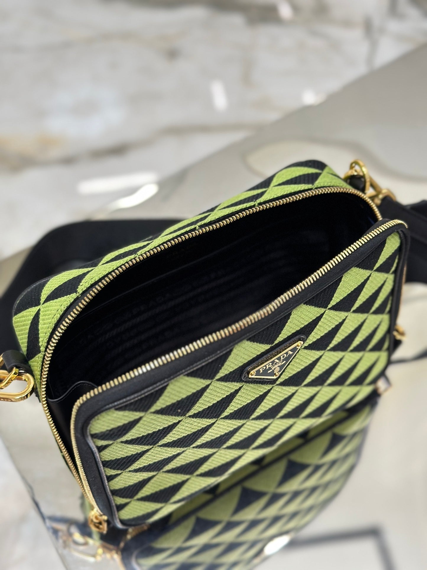 Prada Symbole Embroidered Fabric Shoulder Bag – Black & Ivy Green with Gold-Tone Hardware