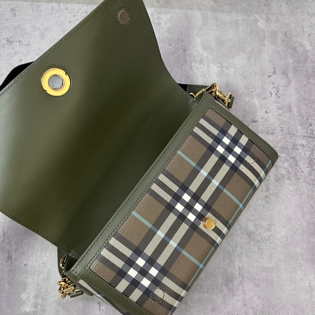 Burberry Women's Note Small Check Crossbody Bag in Olive Green Plaid