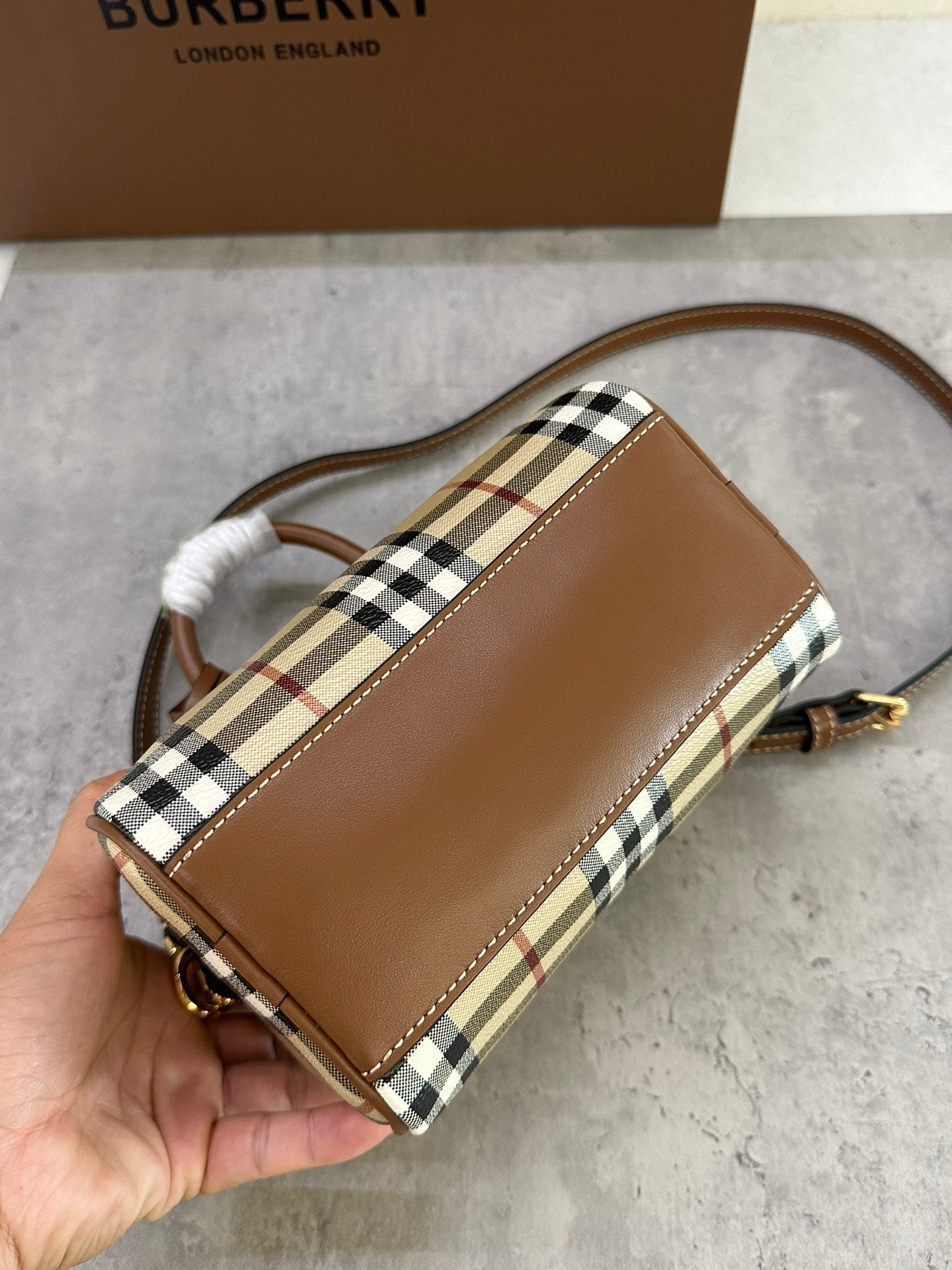 Burberry Mini Check Bowling Bag in Archive Beige & Briar Brown with Leather Trim