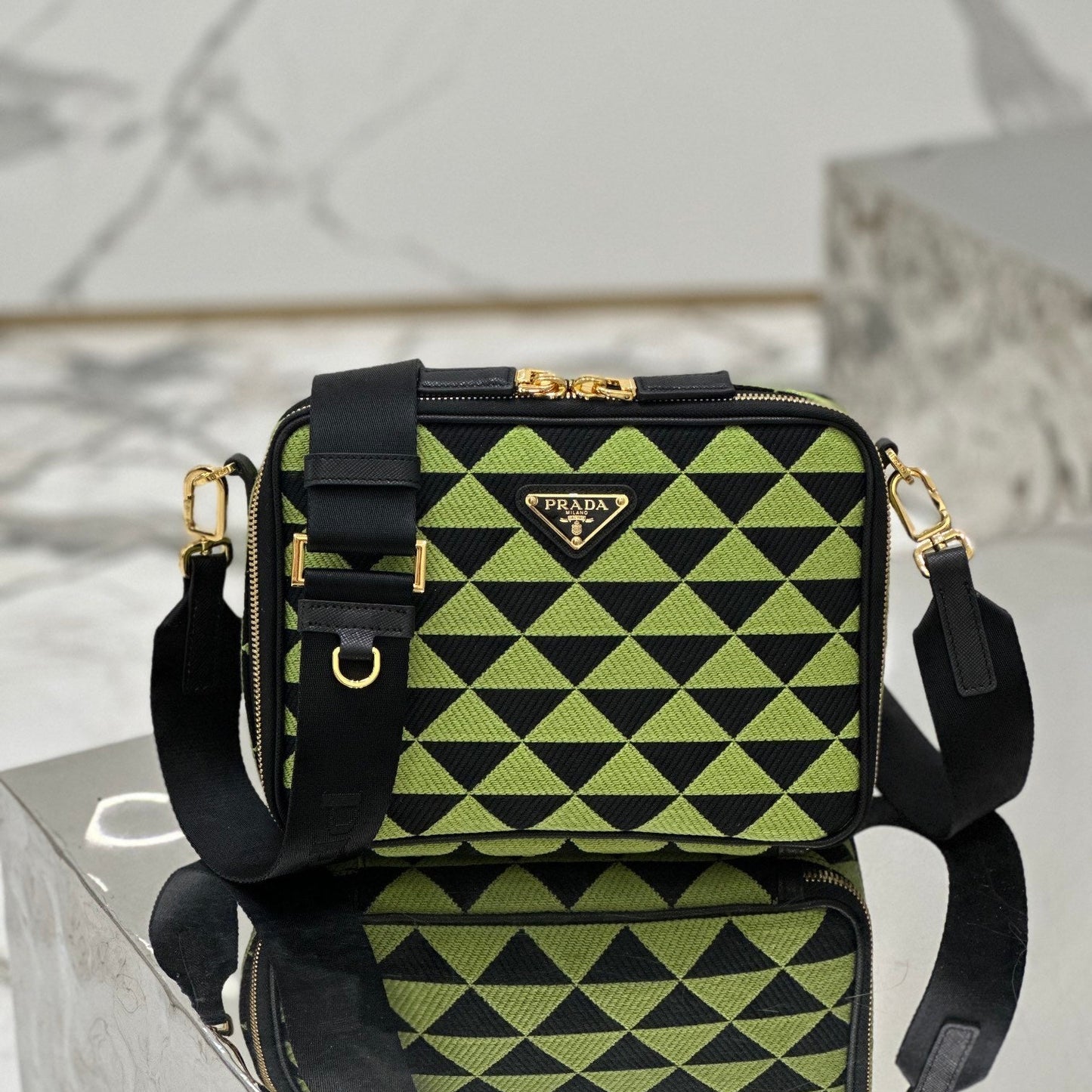 Prada Symbole Embroidered Fabric Shoulder Bag – Black & Ivy Green with Gold-Tone Hardware