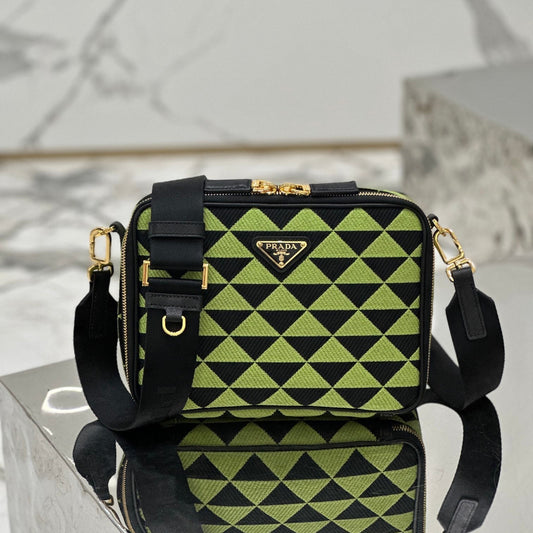 Prada Symbole Embroidered Fabric Shoulder Bag – Black & Ivy Green with Gold-Tone Hardware