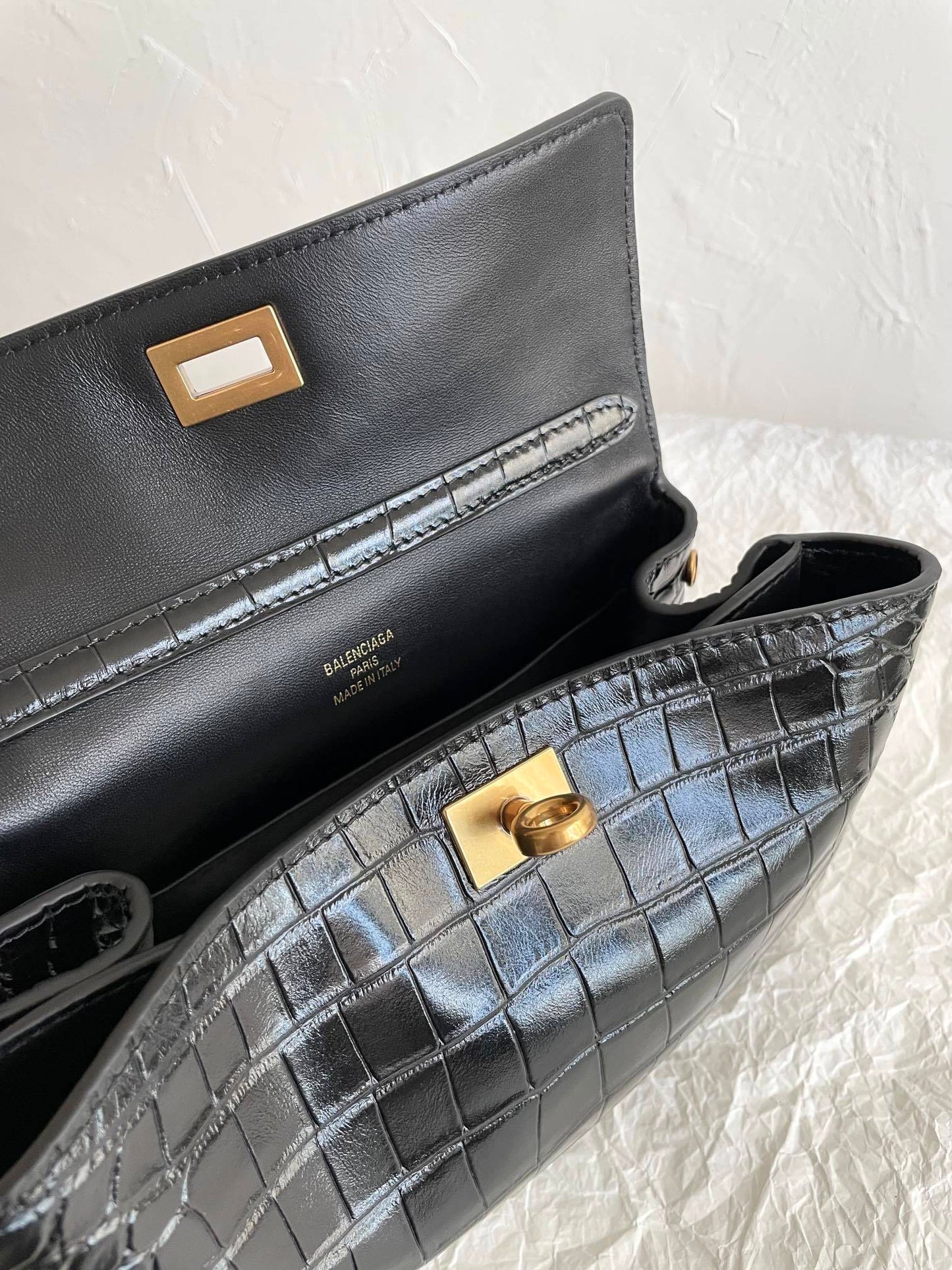 Balenciaga Rodeo Crocodile-Embossed Black Leather Handbag