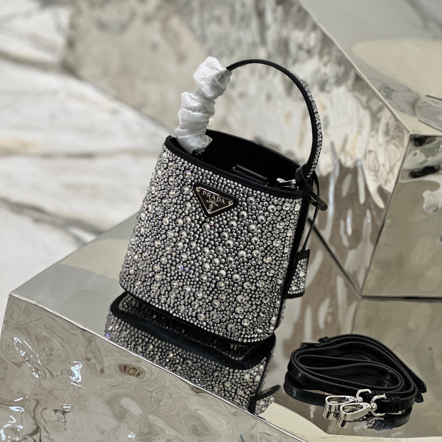 Prada Panier Crystal-Embellished Bucket Bag with Triangle Logo
