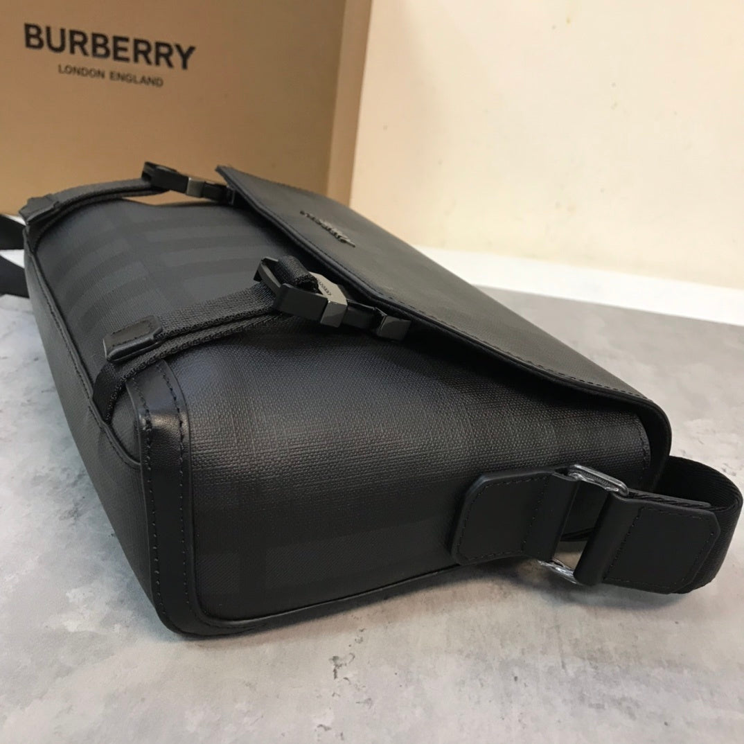 Burberry Black Charcoal Check Messenger Bag with Leather Trim