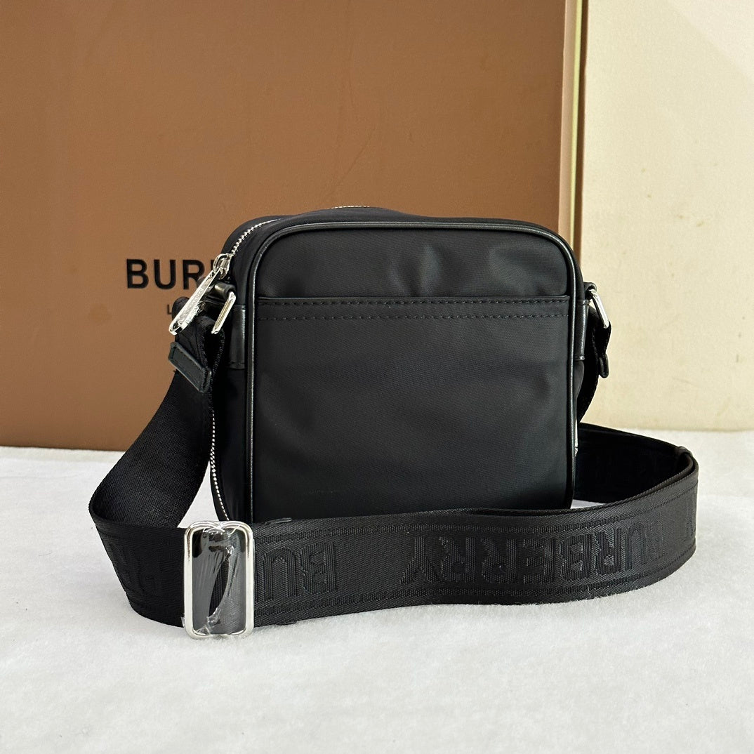 Burberry Logo Print Nylon Square Paddy Bag in Black with White Logo