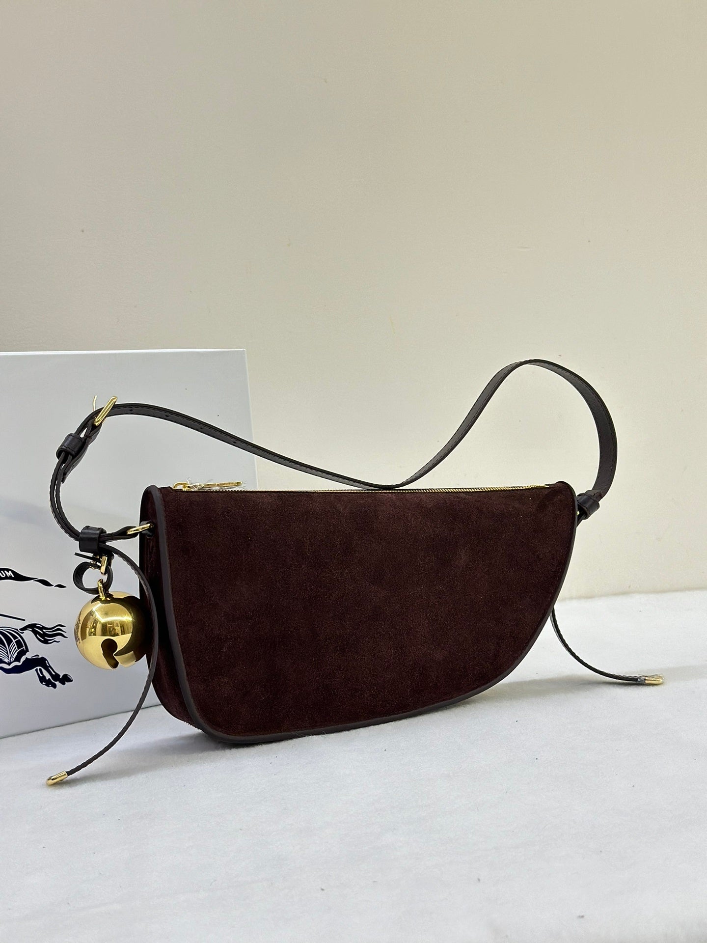 Burberry Shield Small Brown Suede Crescent Shoulder Bag