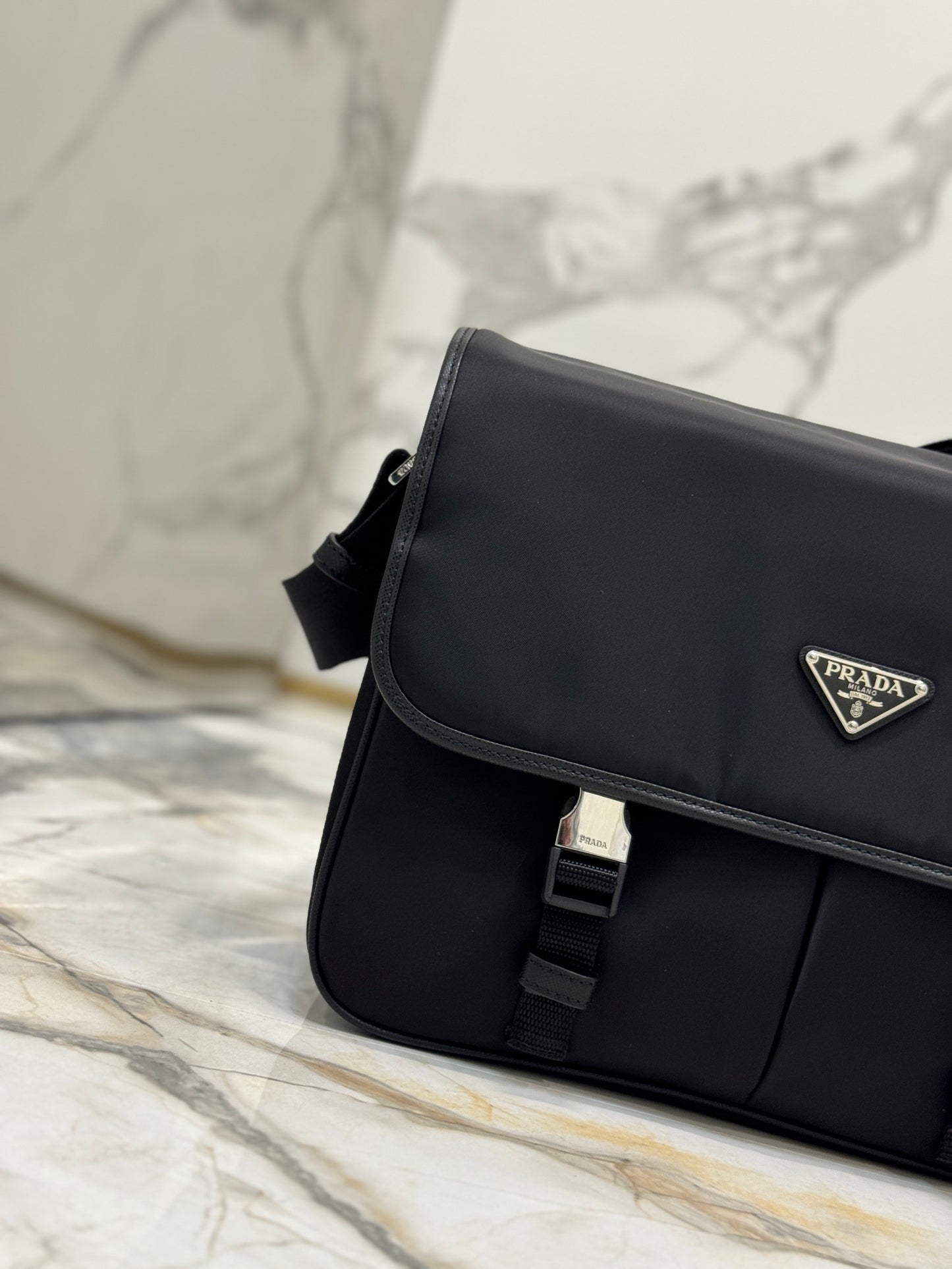 Prada Re-Nylon & Saffiano Leather Shoulder Bag – Black with Triangle Logo