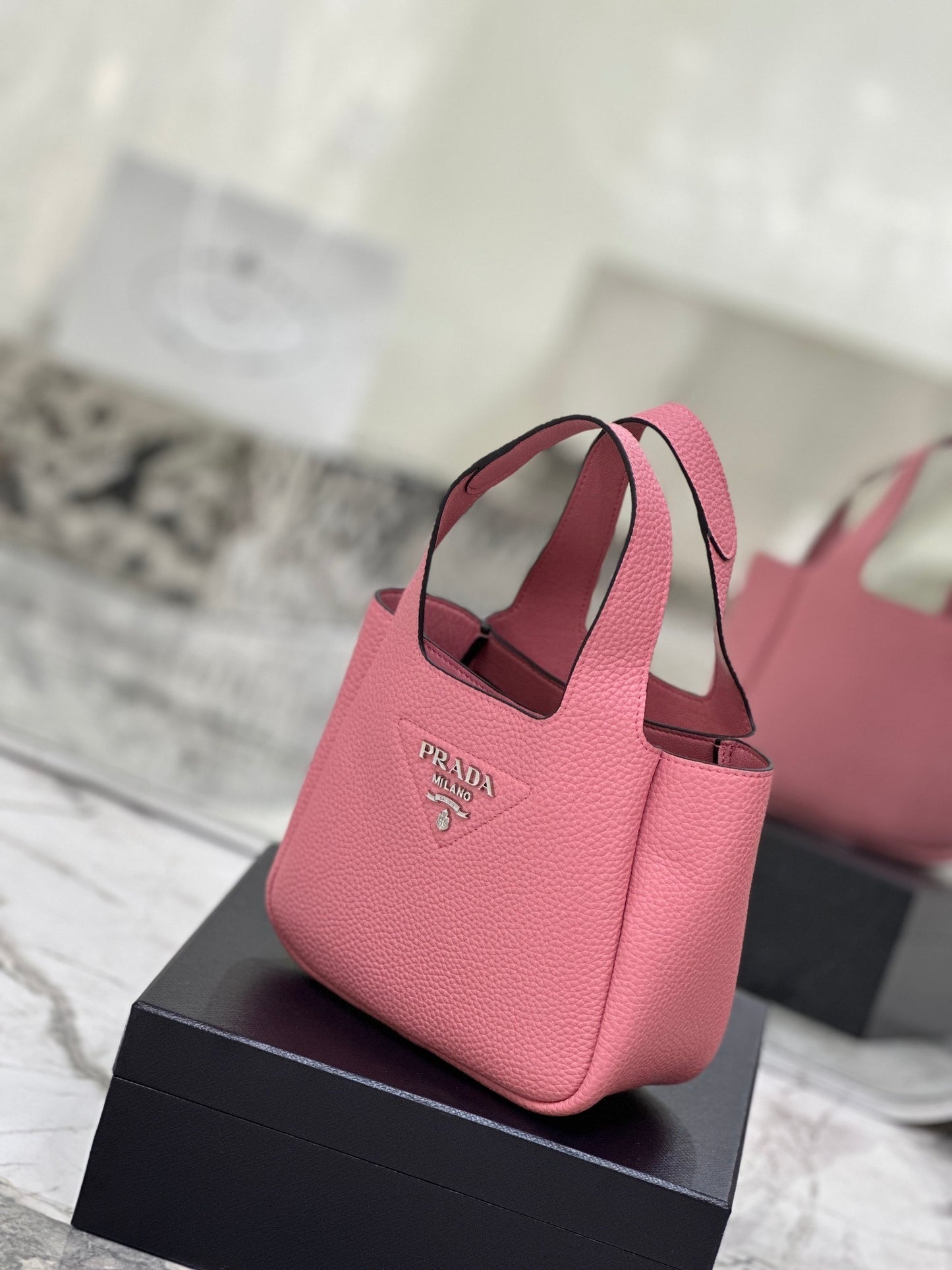 Prada Grained Leather Mini Tote Bag – Petal Pink with Logo Plaque