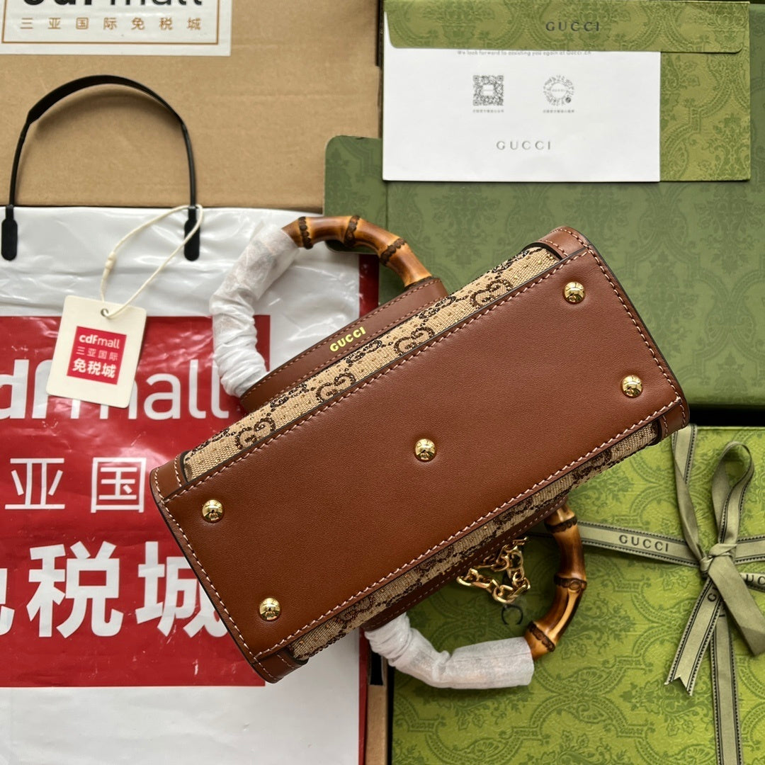 Gucci Diana Mini Tote GG Canvas Bag with Leather Trim and Bamboo Handles