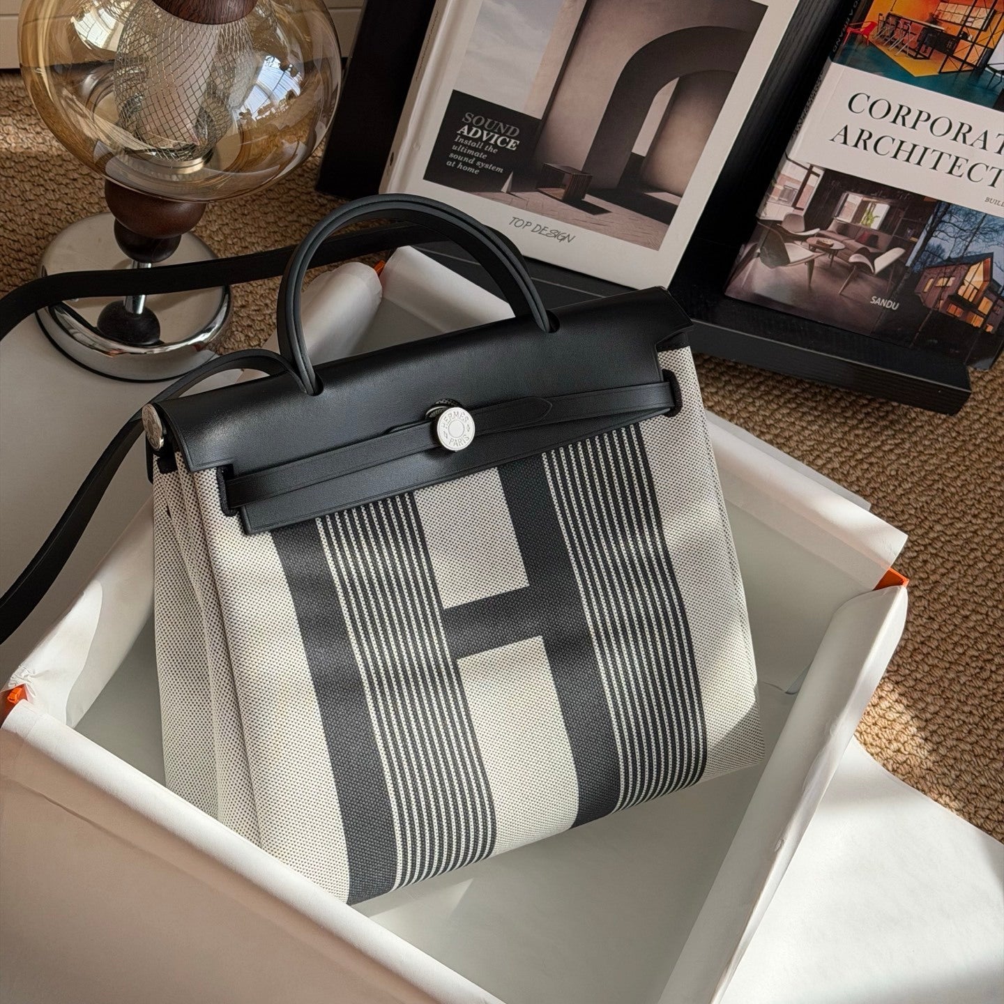 Hermès Herbag Zip 31 Striped Canvas Black Leather