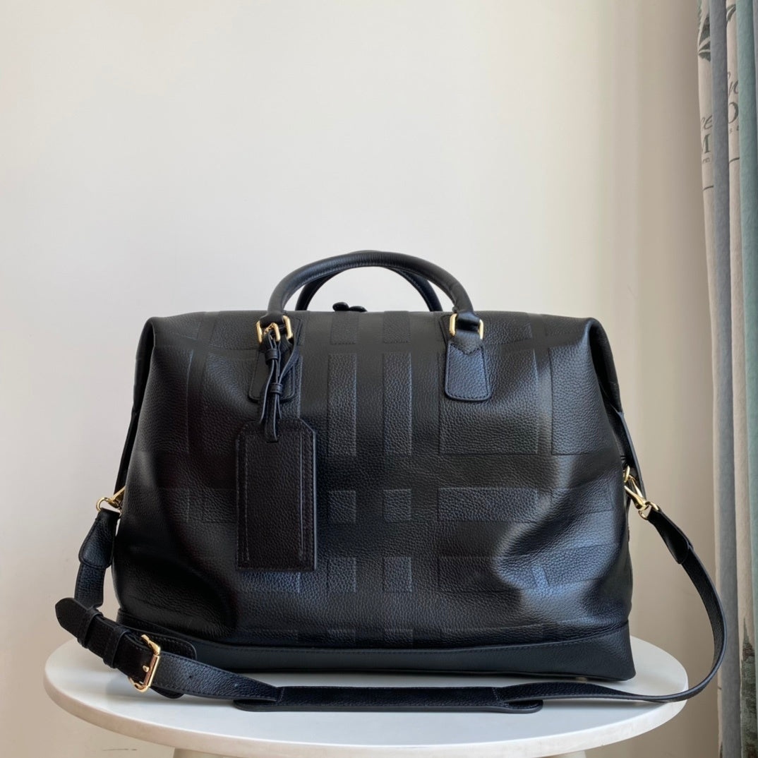 Burberry Black Leather Boston Bag with Check-Embossed Pattern