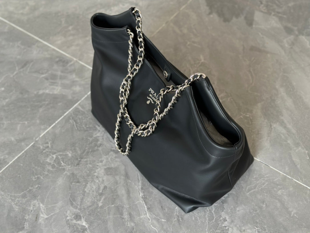 Prada Black Soft Calf Leather Chain Tote Bag