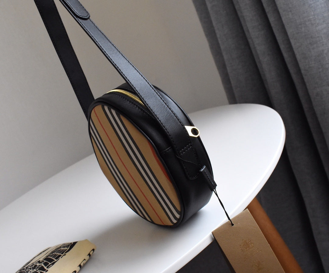Burberry Louise Icon Stripe E-Canvas Round Crossbody Bag with Black Leather Trim