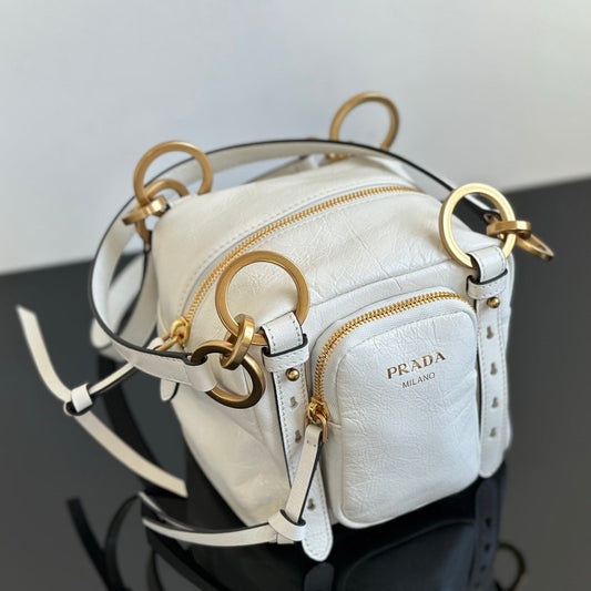 Prada Dangle Mini White Distressed Leather Top-Handle Bag