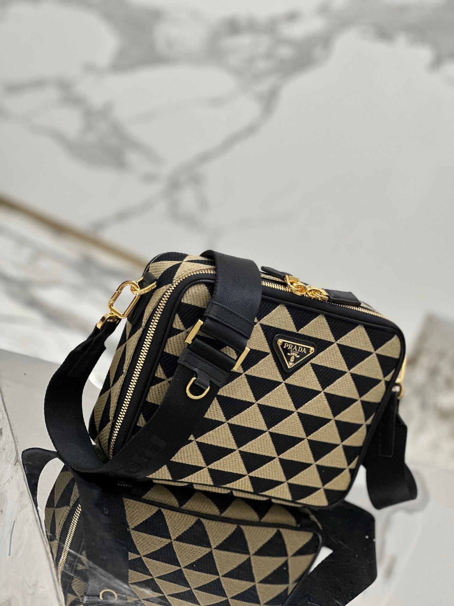 Prada Symbole Embroidered Fabric Messenger Bag in Black and Beige