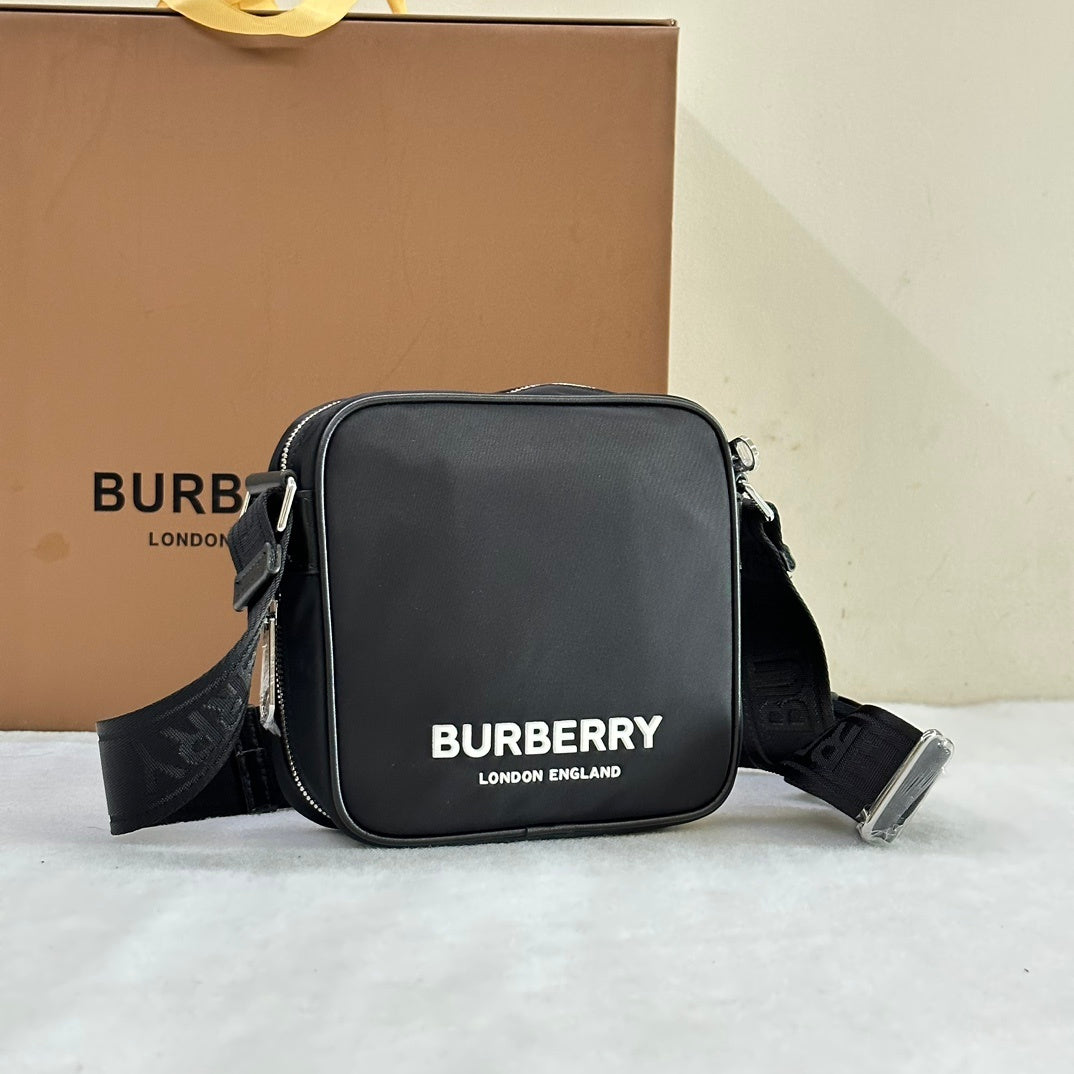 Burberry Logo Print Nylon Square Paddy Bag in Black with White Logo