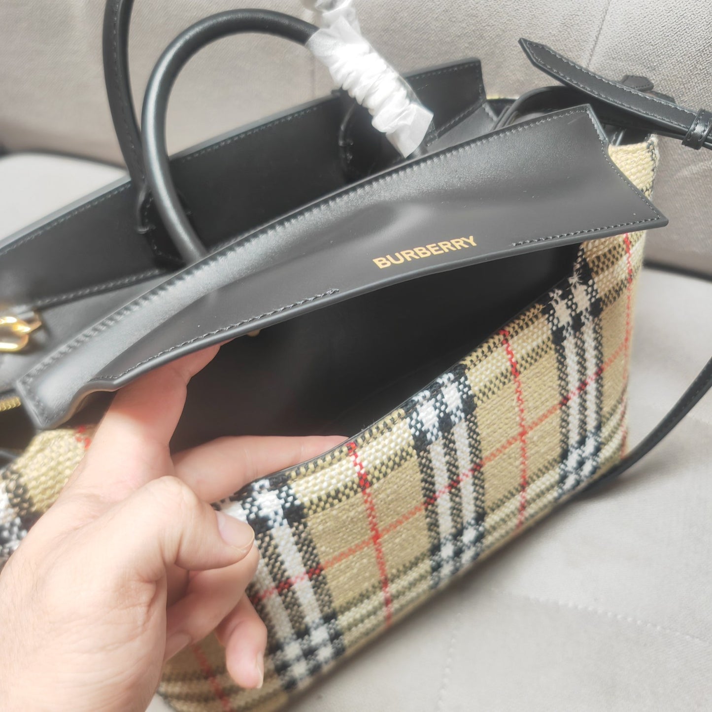Burberry Women's Medium Catherine Check Leather Top Handle Bag