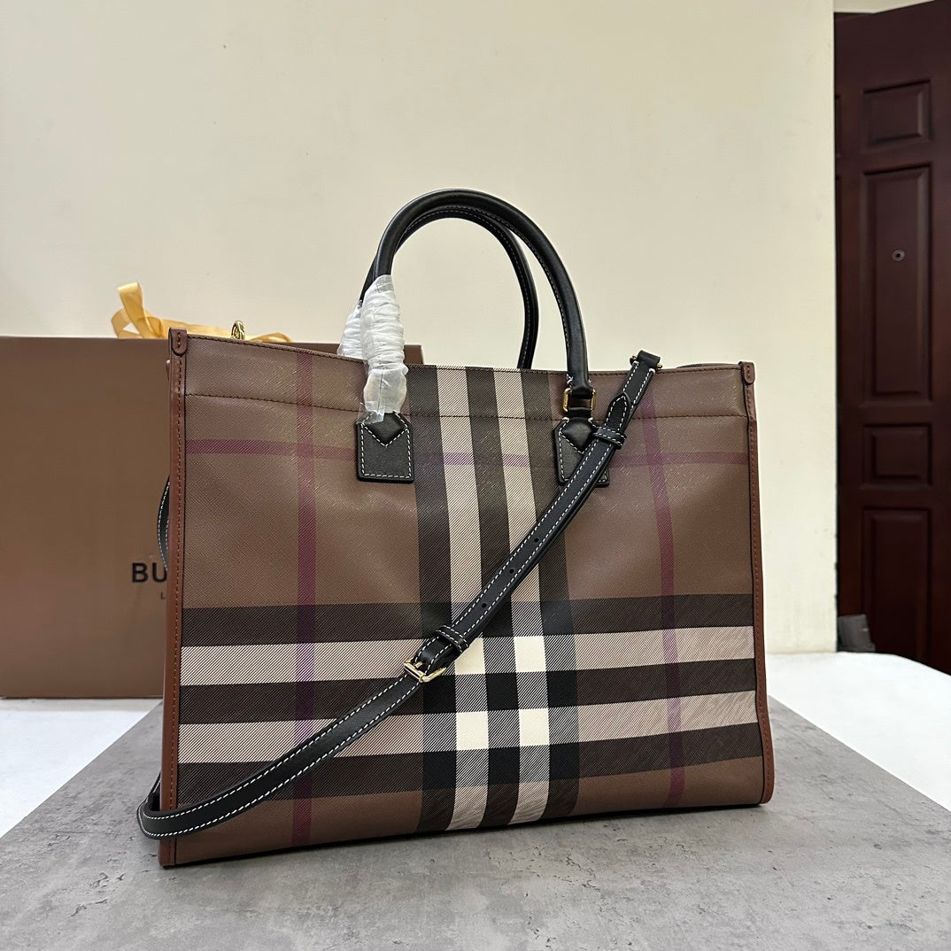 Burberry Medium Freya Tote Bag in Dark Birch Brown Check with Black Leather Trim