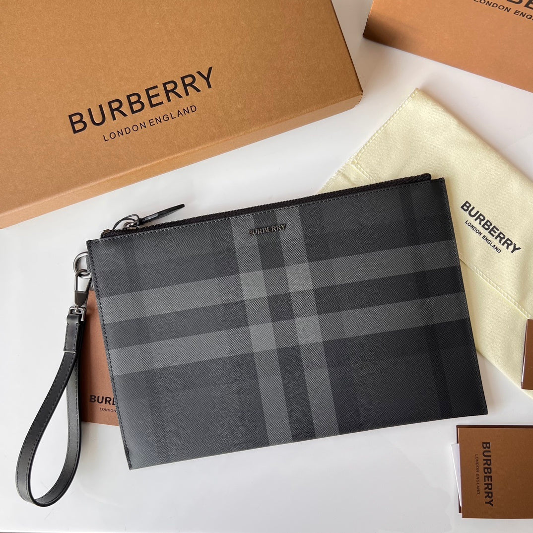 Burberry Edin Check Zip Pouch in Charcoal with Detachable Wrist Strap