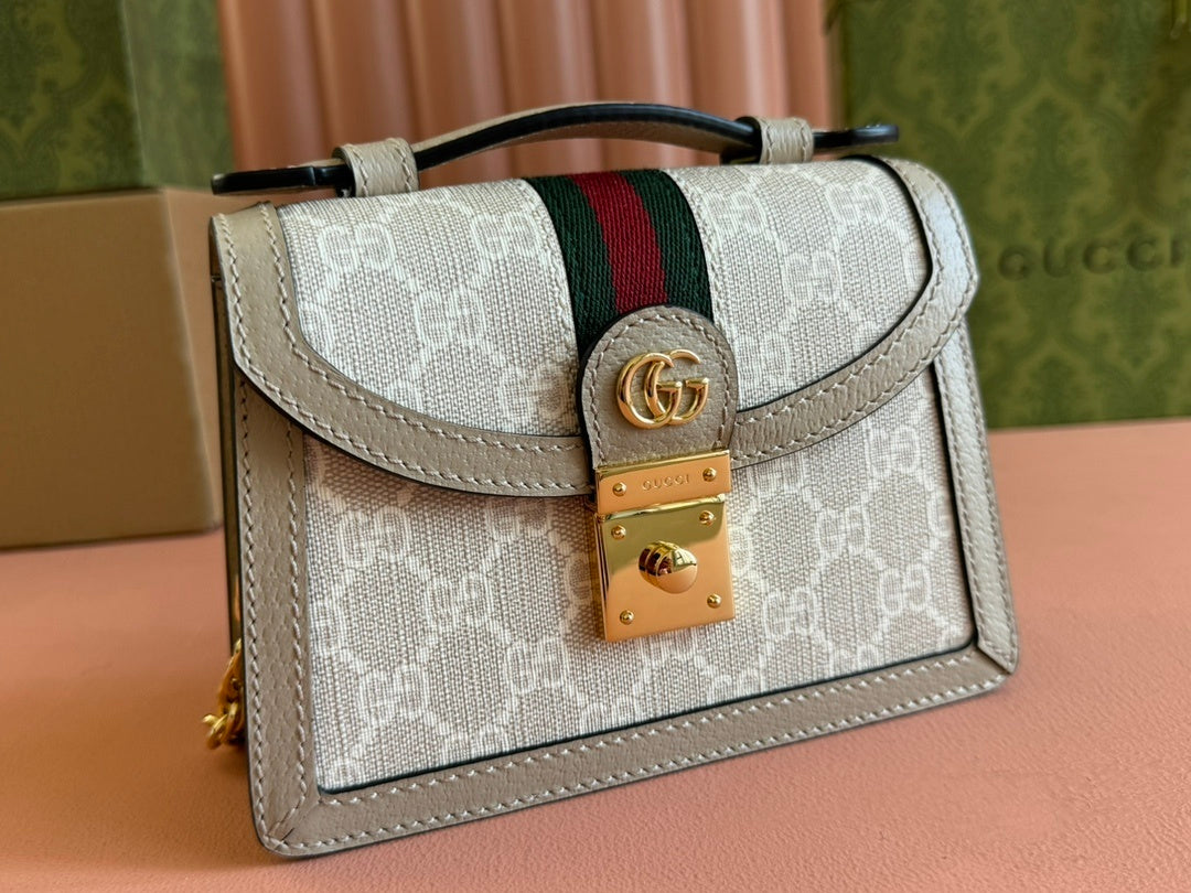 Gucci Ophidia GG Mini Shoulder Bag in Beige & Ebony GG Supreme Canvas with Leather Trim