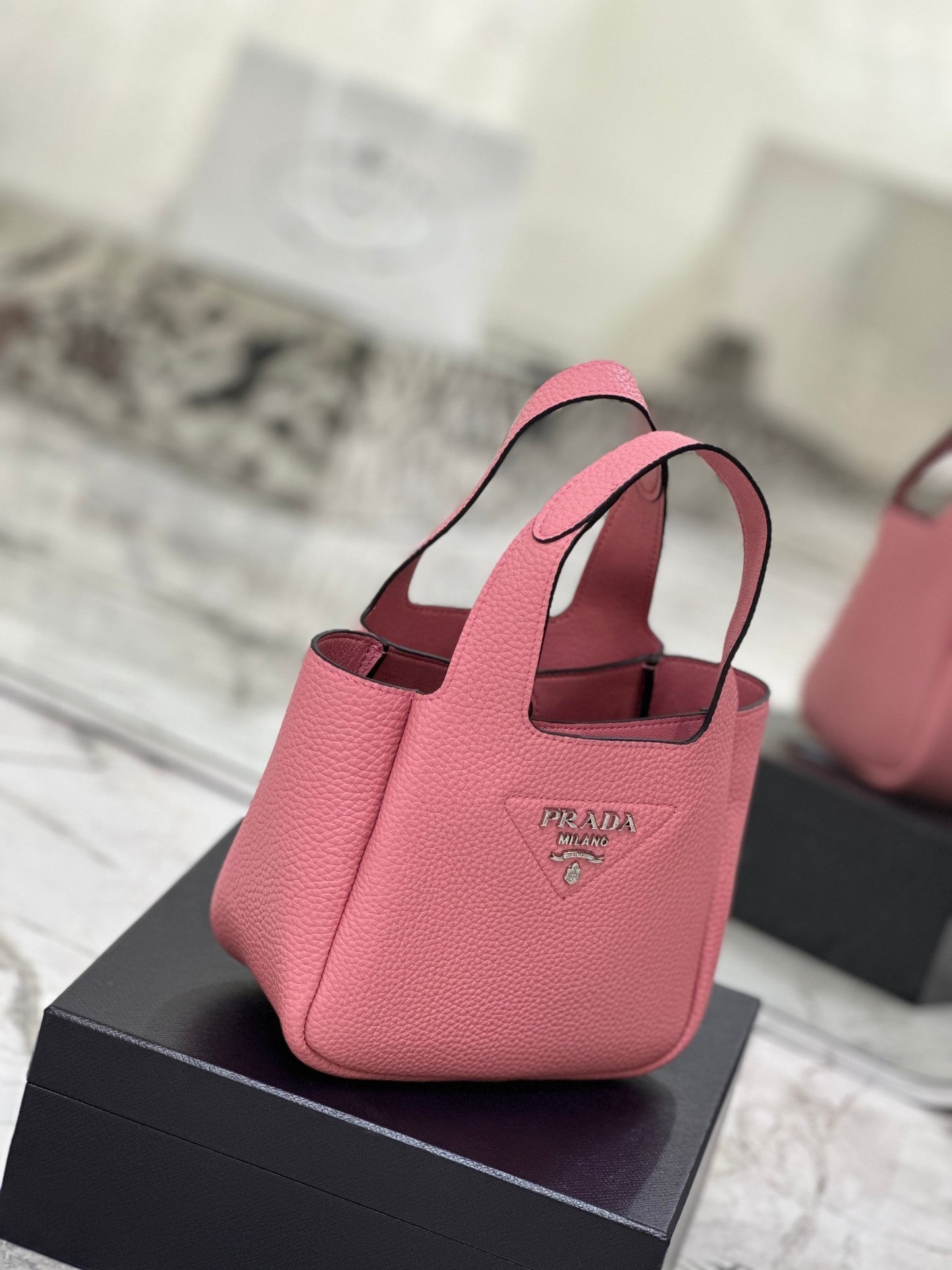 Prada Grained Leather Mini Tote Bag – Petal Pink with Logo Plaque