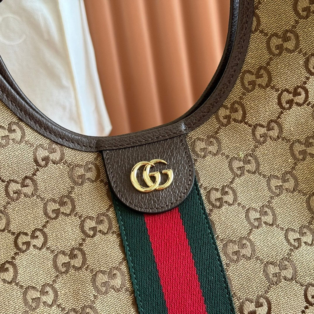 Gucci Giglio Small Tote Bag in Beige and Dark Brown GG Canvas with Web Trim