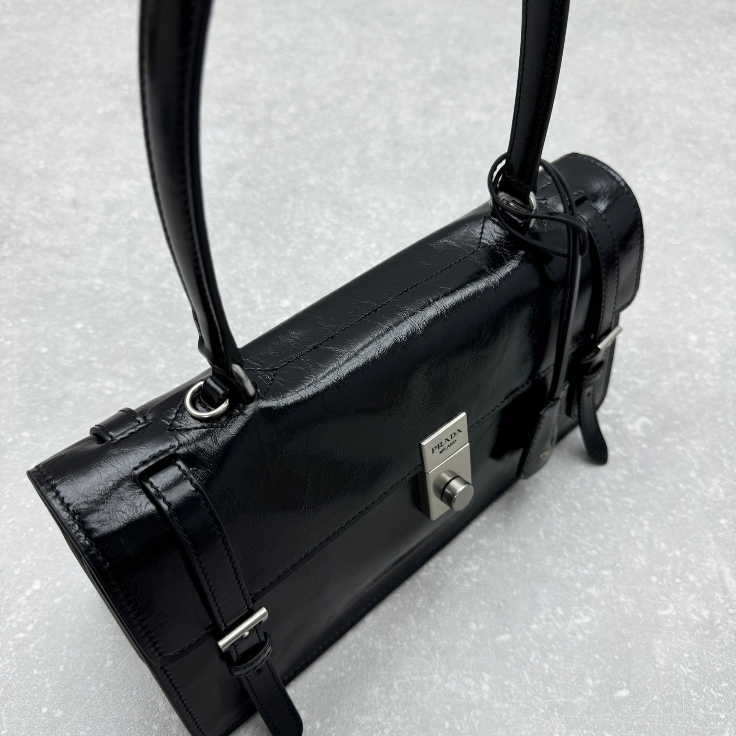 Prada Soft Lux Medium Black Polished Leather Handle Bag