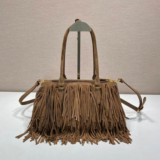 Prada Galleria Medium Cocoa Brown Suede Bag with Fringe