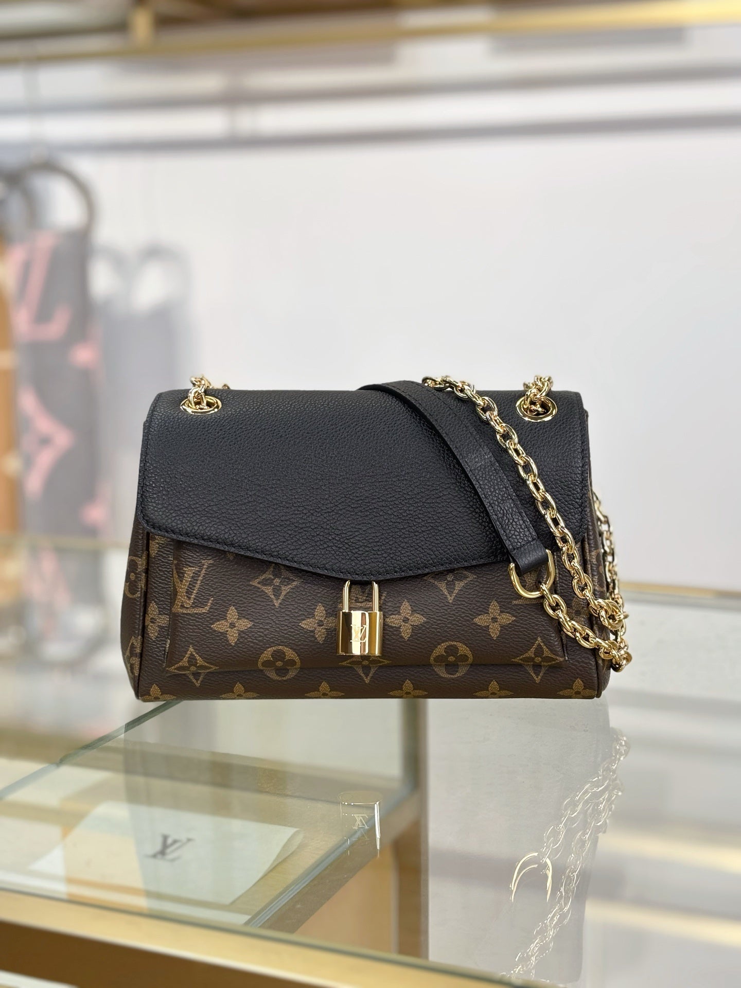 Louis Vuitton Saint Germain BB Bag in Monogram Canvas with Black Leather Trim & Gold Padlock
