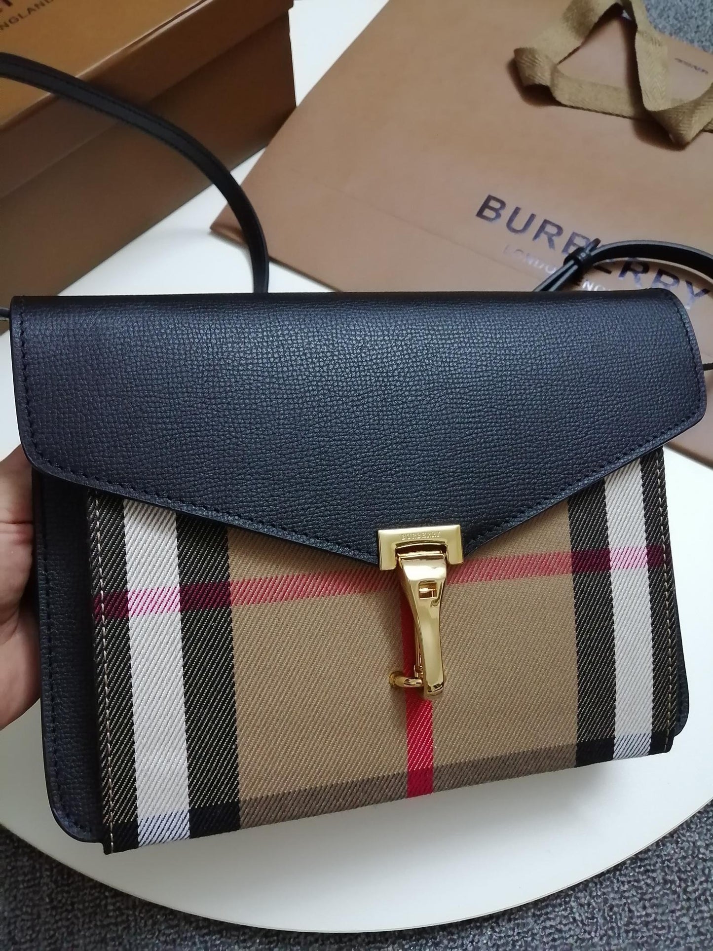 Burberry Macken Check Canvas Crossbody Bag with Gold-Tone Clasp