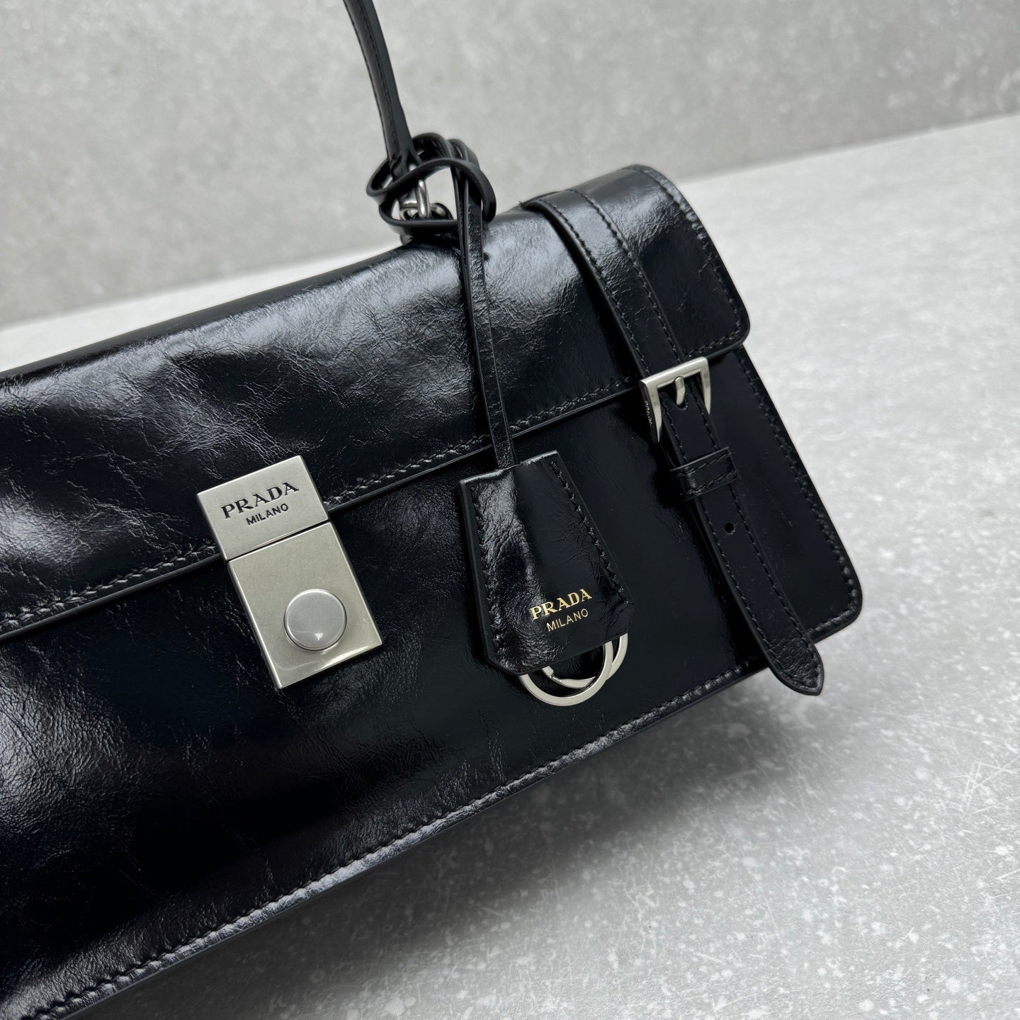 Prada Soft Lux Medium Black Polished Leather Handle Bag
