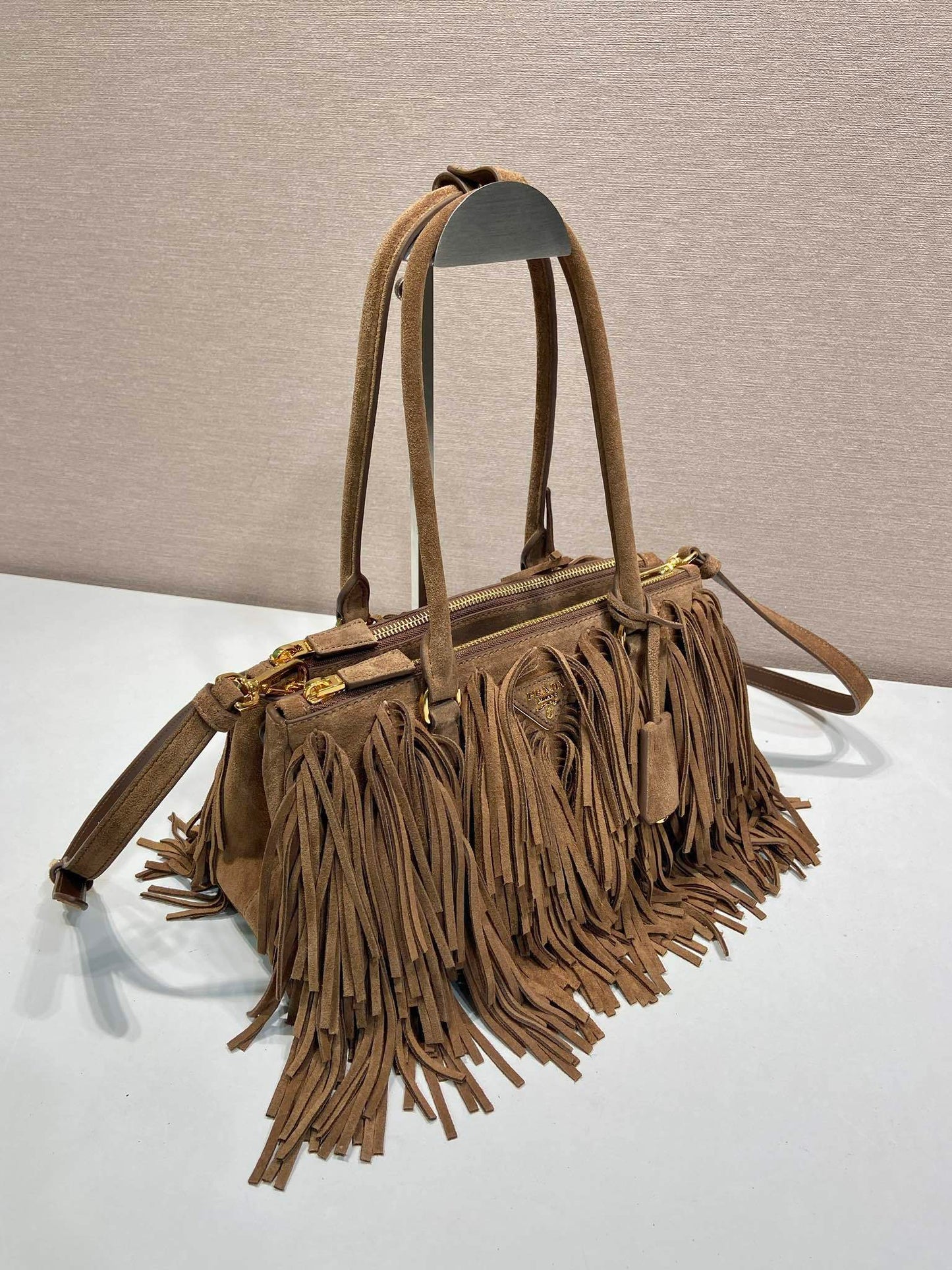 Prada Galleria Medium Cocoa Brown Suede Bag with Fringe