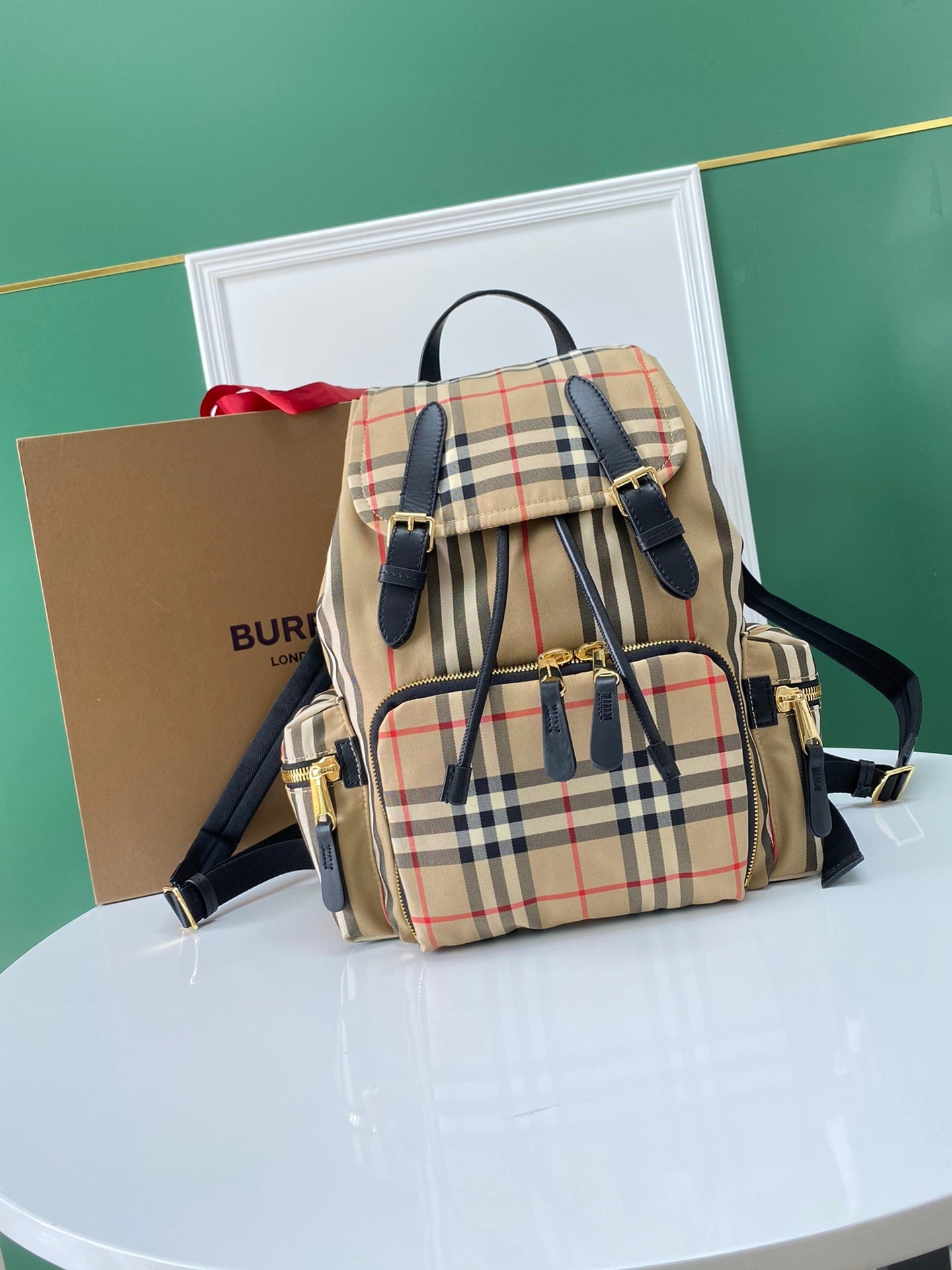 Burberry Vintage Check Backpack with Leather Trim & Buckle Closures