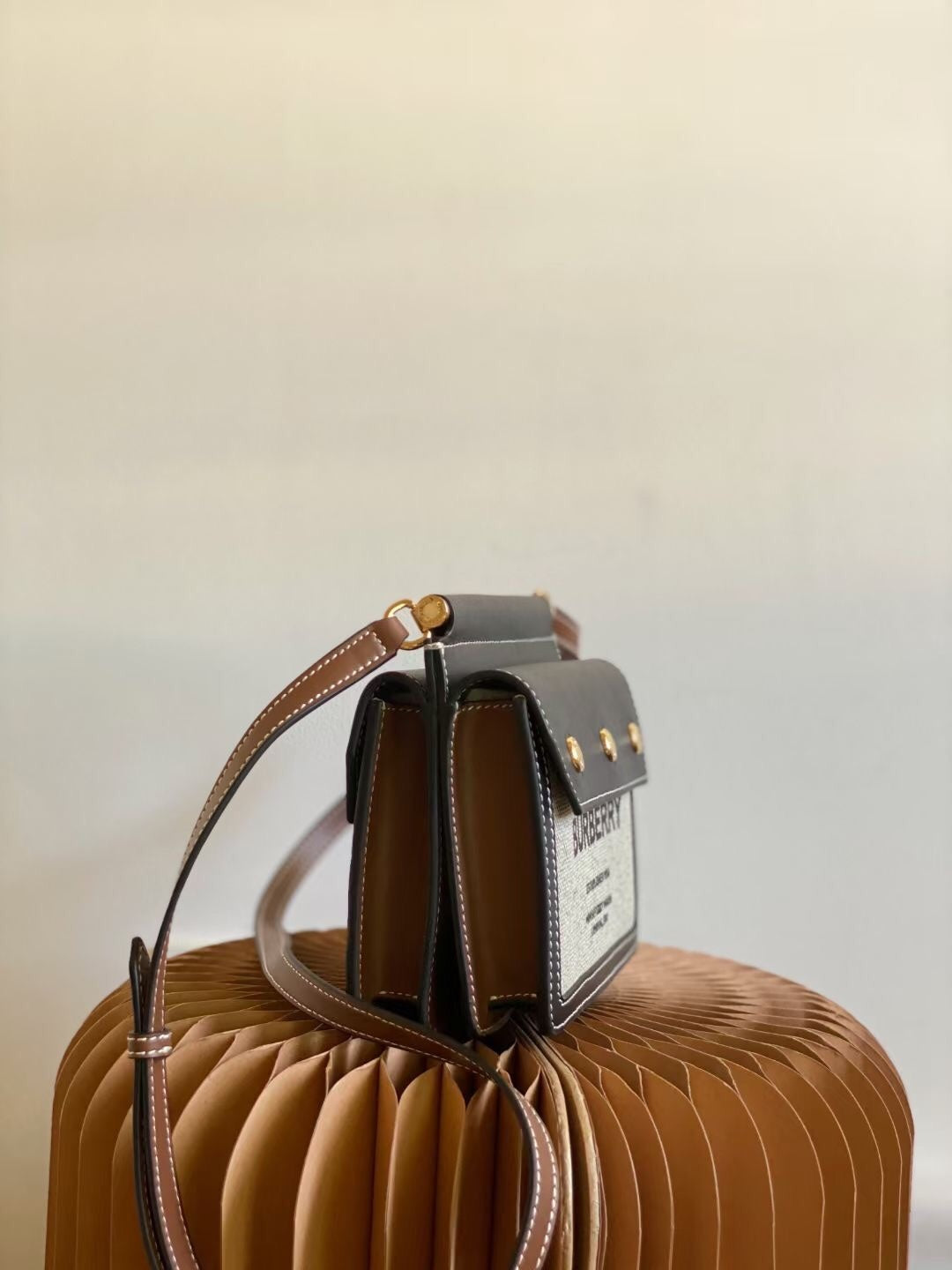Burberry Mini Title Bag in Horseferry Print Canvas & Malt Brown Leather