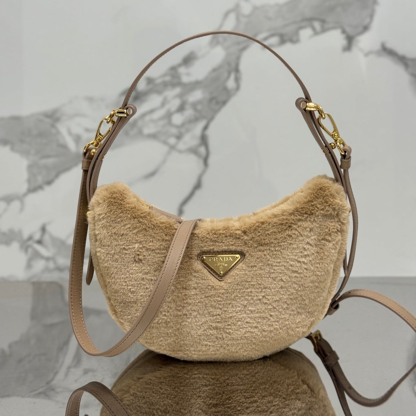 Prada Arqué Shearling Shoulder Bag – Leather Trim with Enamel Triangle Logo