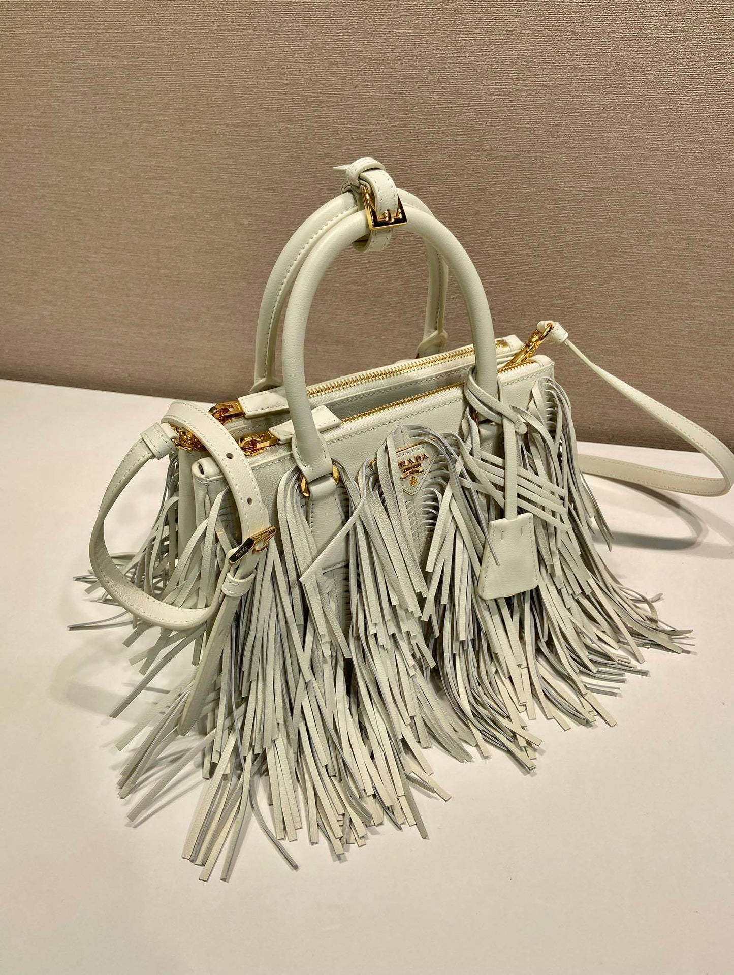 Prada Small Galleria White Tote Bag with Fringe Detailing