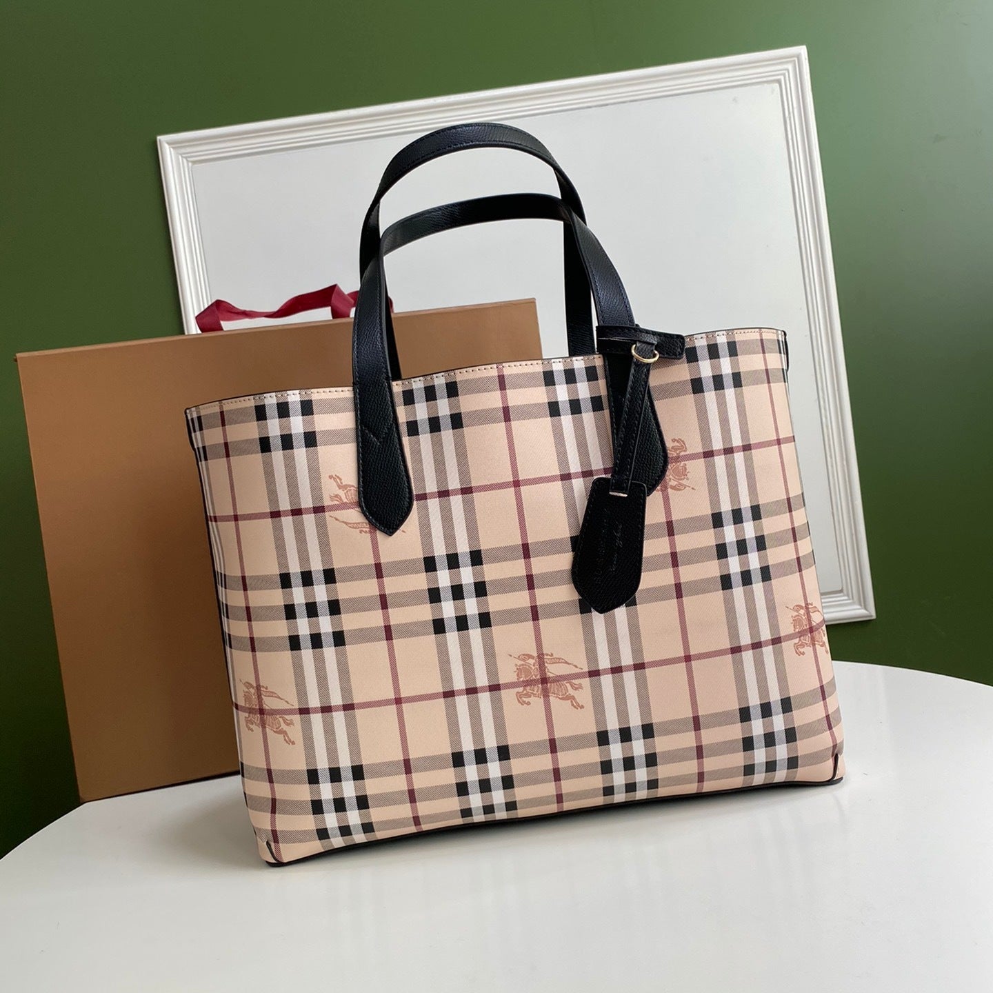 Burberry Reversible Haymarket Check Tote Bag with Black Leather Straps