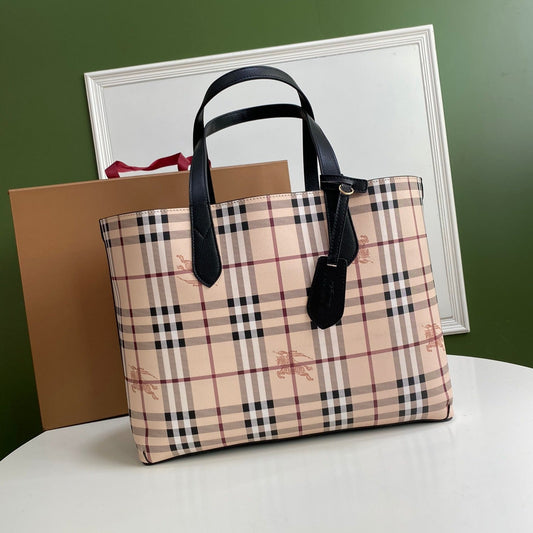 Burberry Reversible Haymarket Check Tote Bag with Black Leather Straps