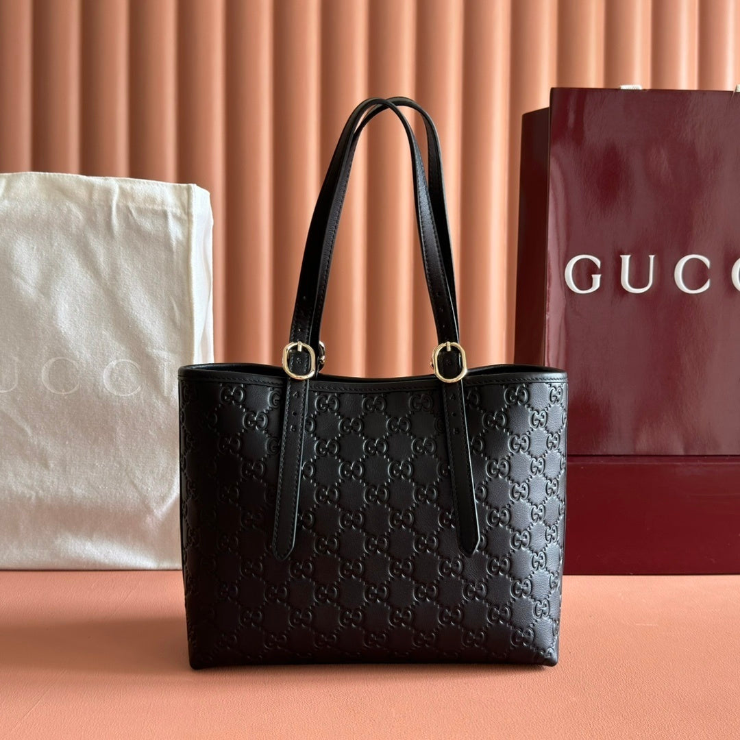 Gucci GG Emblem Medium Tote Bag in Black Embossed Leather