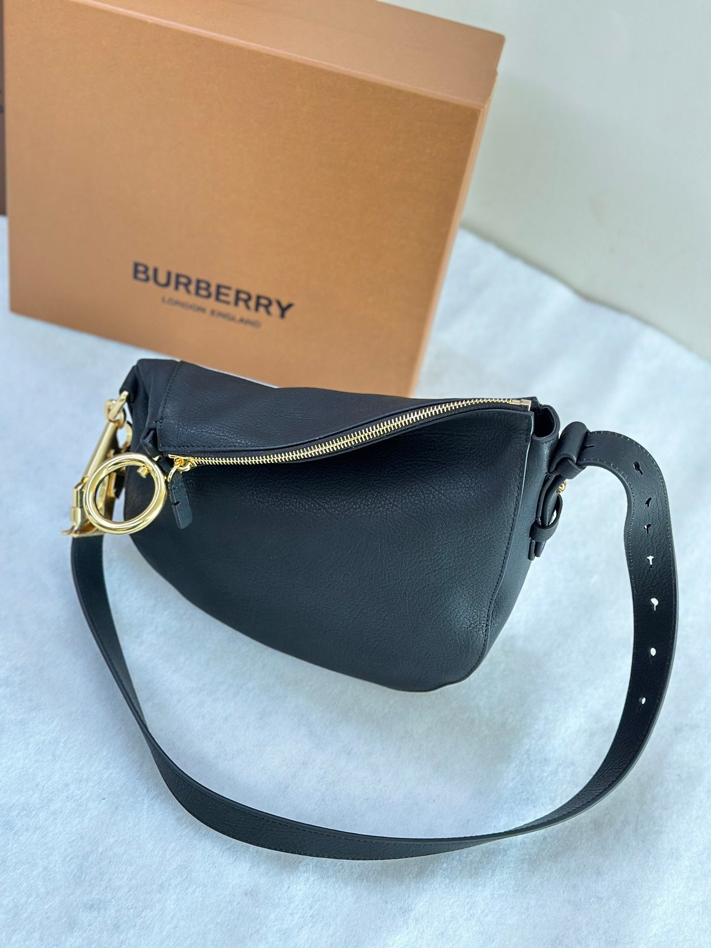 Burberry Knight Black Calf Leather Bag with Gold-Tone Hardware