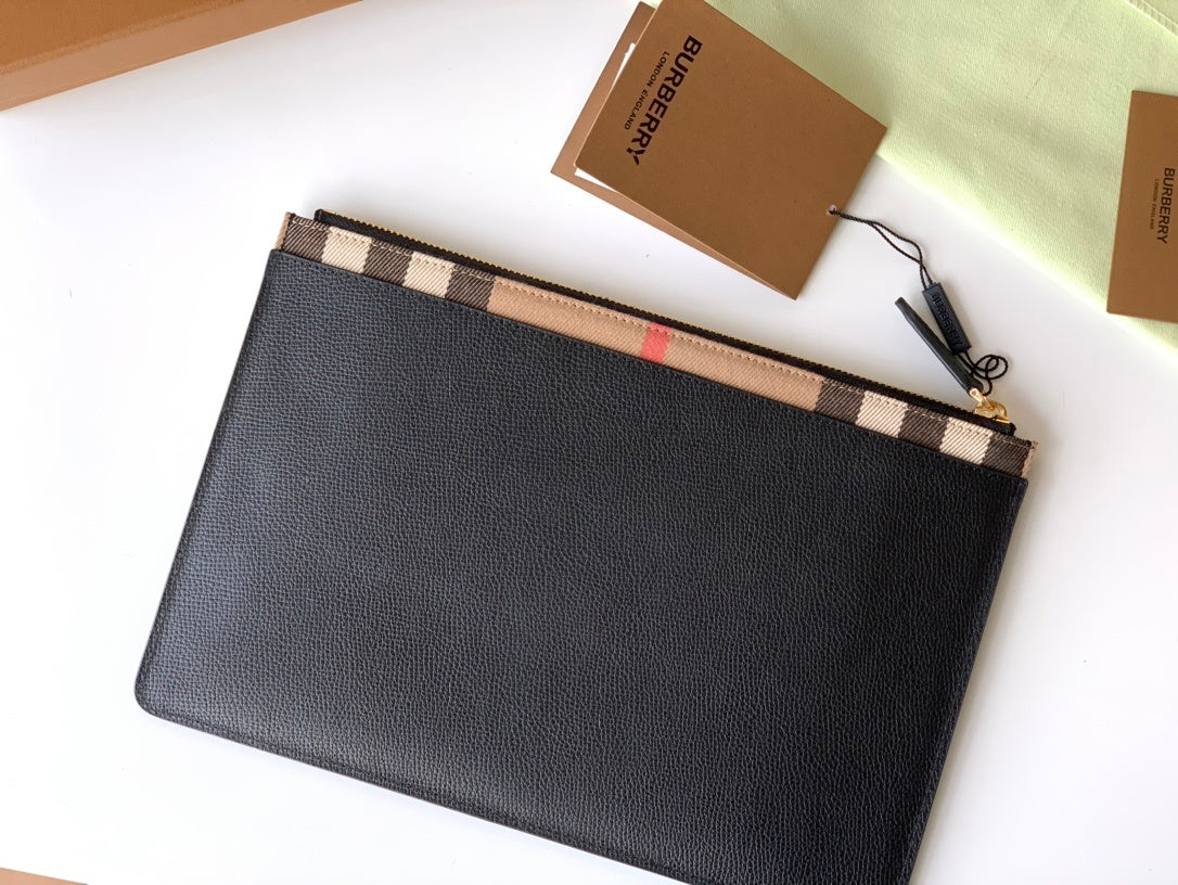 Burberry Black Leather Clutch Bag with Vintage Check Trim