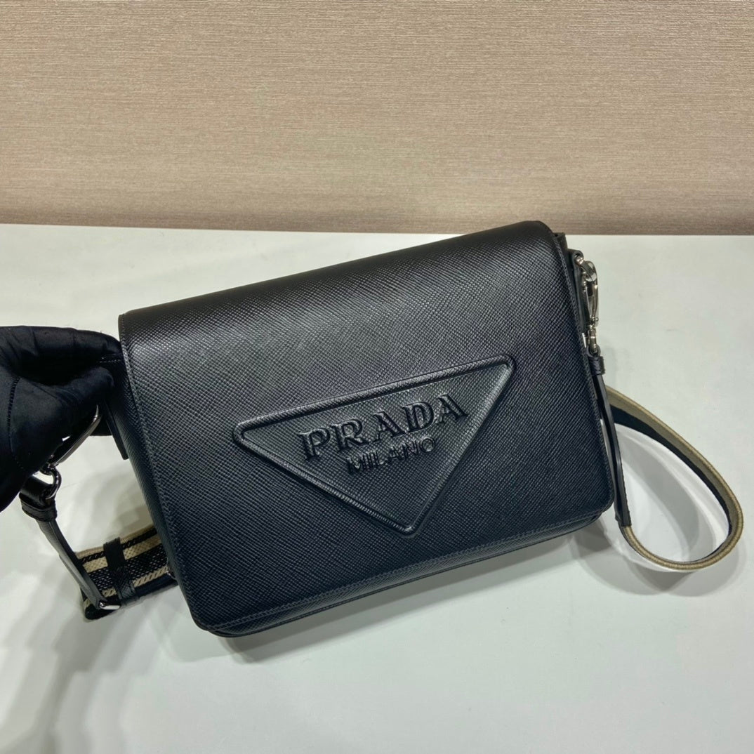 Prada Black Saffiano Leather Shoulder Bag with Detachable Woven Strap