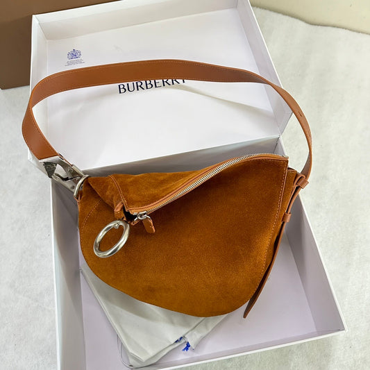 Burberry Knight Small Brown Suede Shoulder Bag with Silver Ring Detail