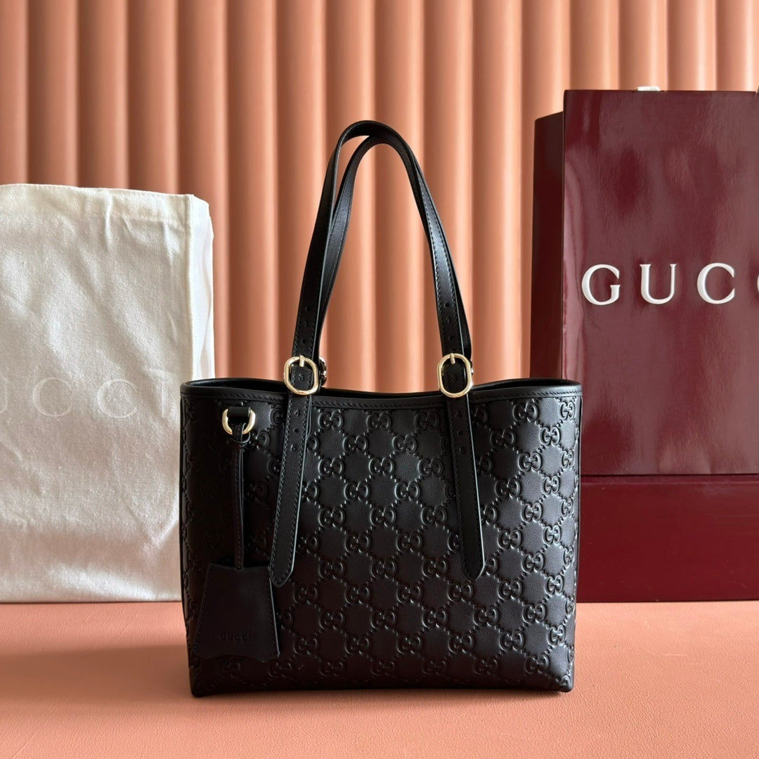 Gucci GG Emblem Medium Tote Bag in Black Embossed Leather