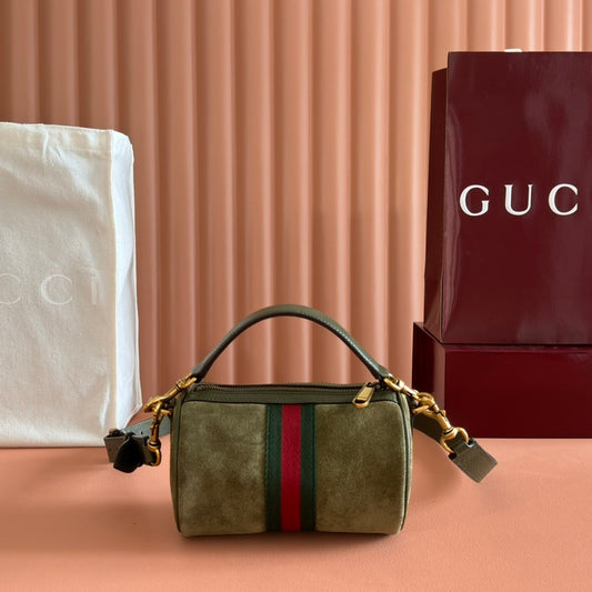 Gucci Ophidia Mini Bag in Olive Green Suede with Web Stripe