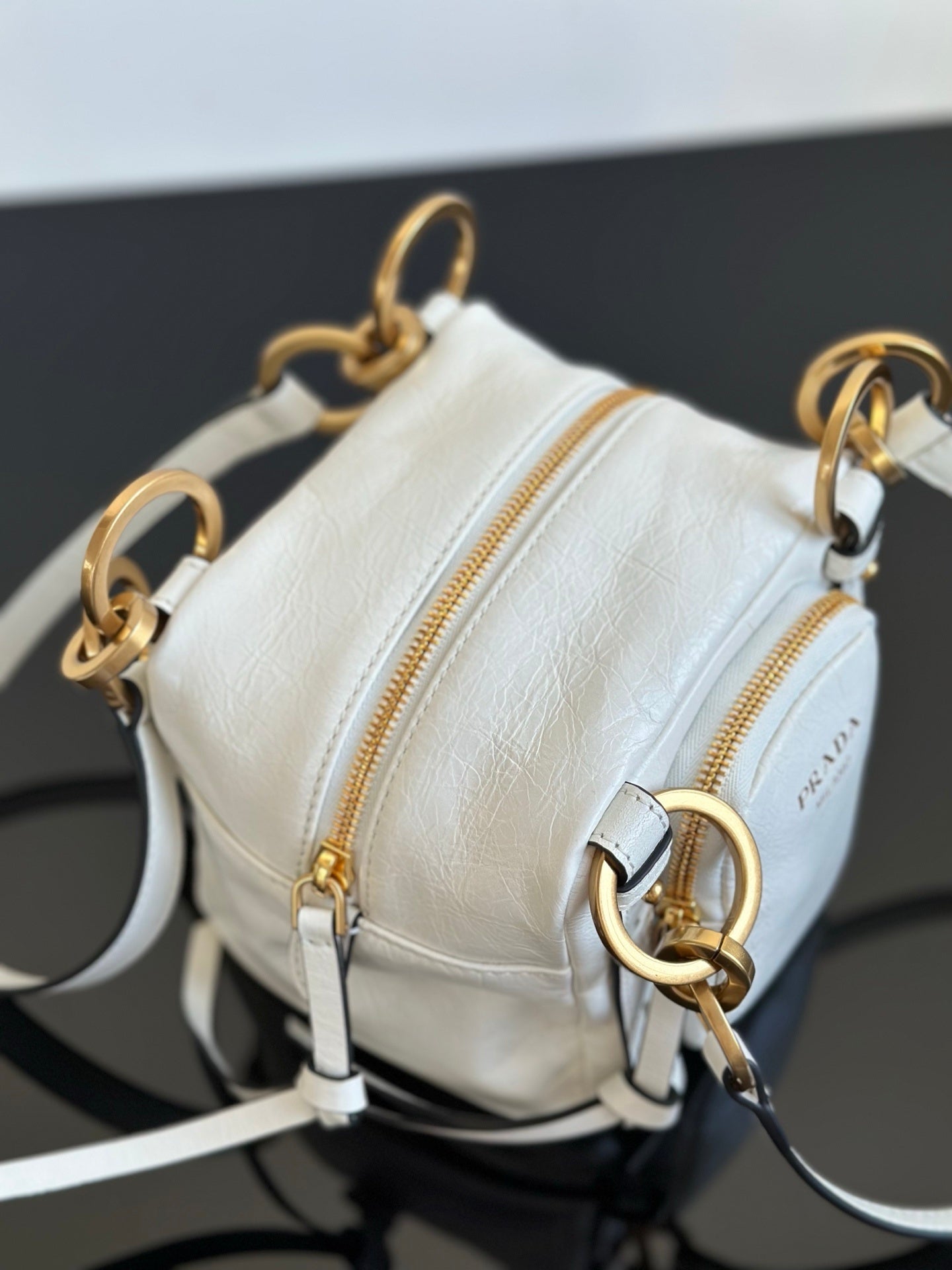 Prada Dangle Mini White Distressed Leather Top-Handle Bag