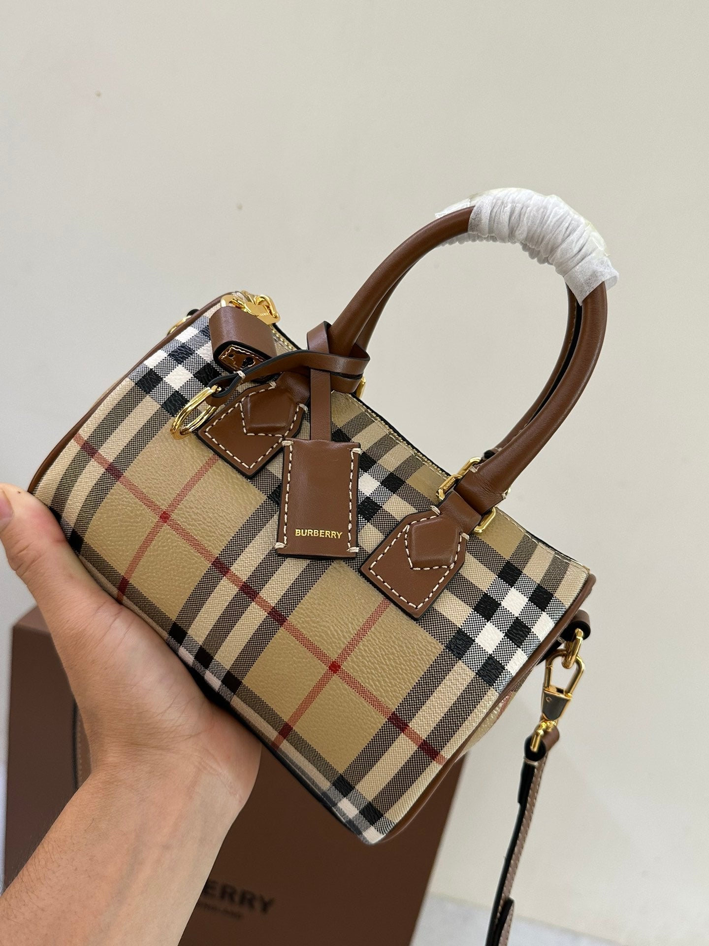 Burberry Mini Check Bowling Bag in Archive Beige & Briar Brown with Leather Trim