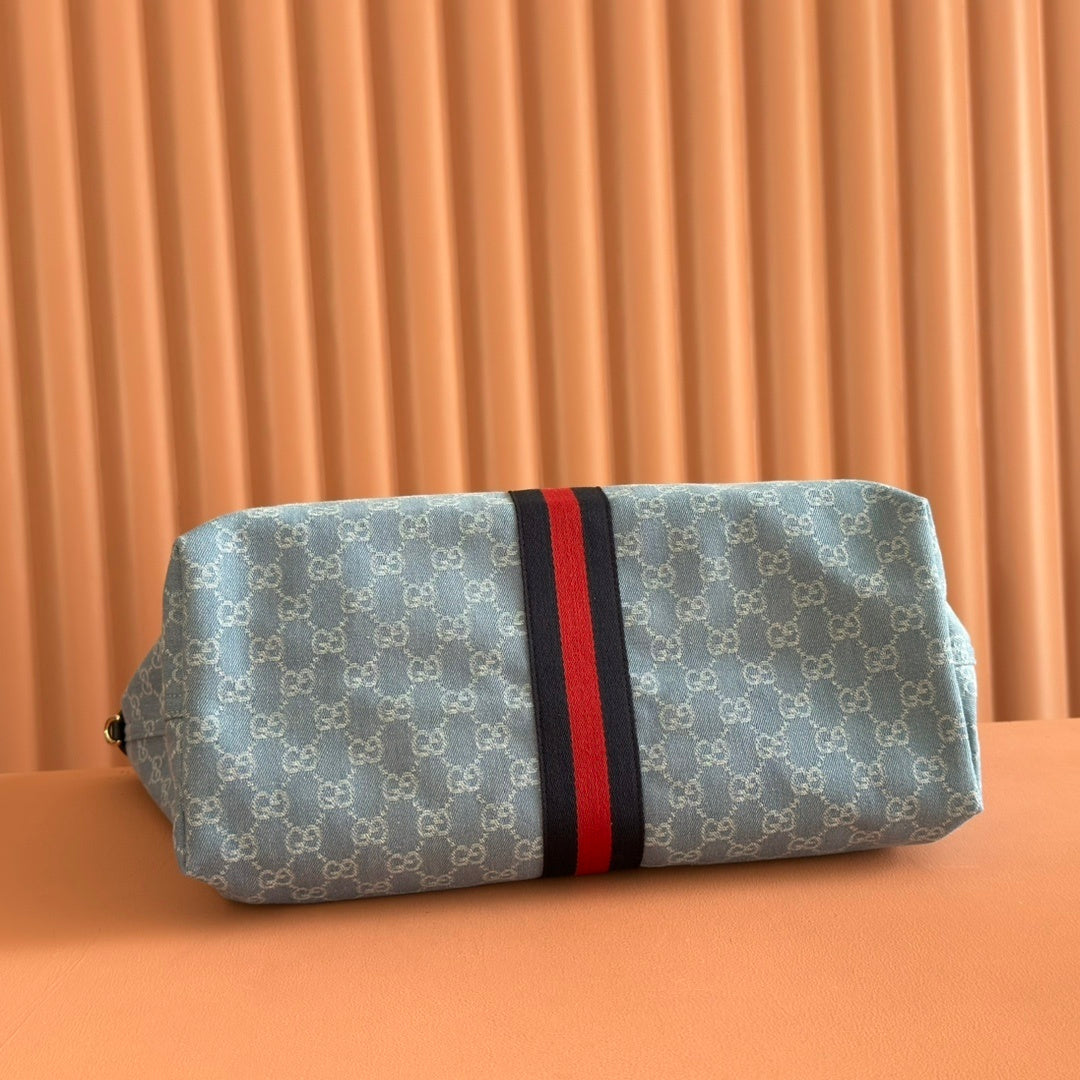 Gucci Giglio Large Tote Bag in Blue and White GG Denim with Web Trim