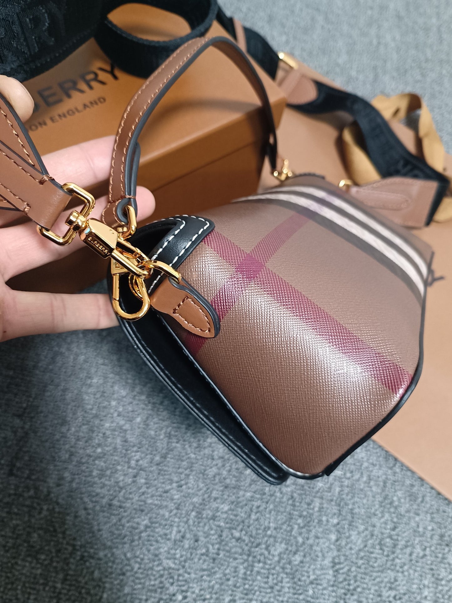 Burberry Note Bag Dark Birch Brown Check Canvas Luxury Crossbody