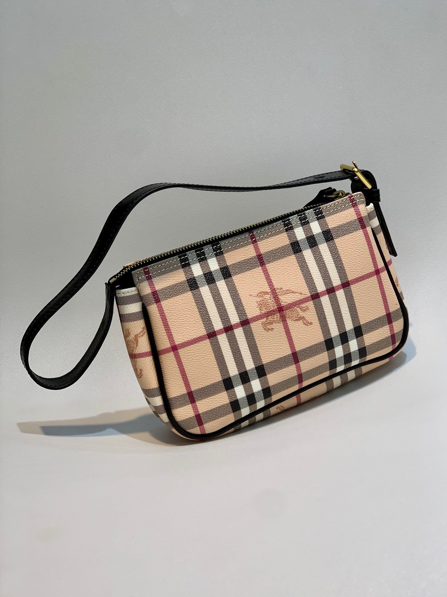 Burberry Nova Check Shoulder Bag Beige Coated Canvas with Black Leather Strap